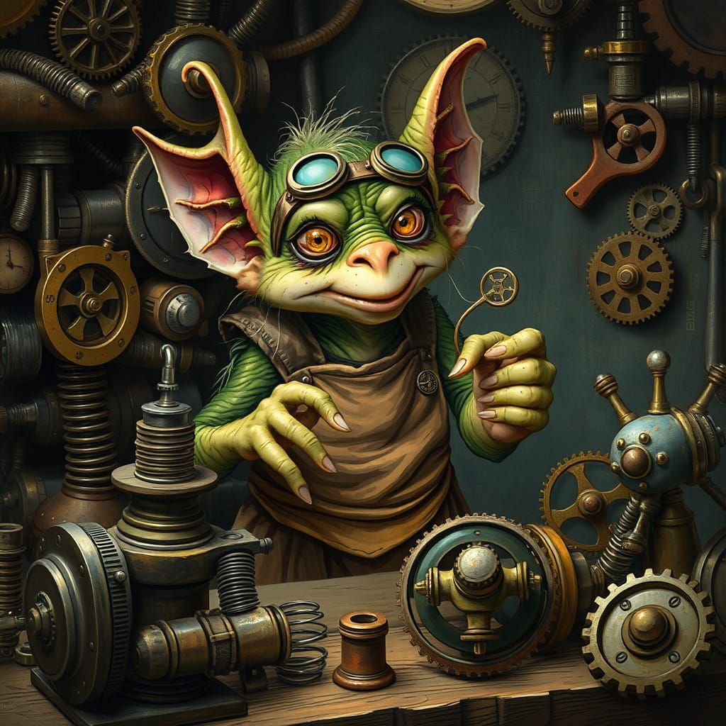Gremlin Tinkering in Steampunk Clockwork Workshop