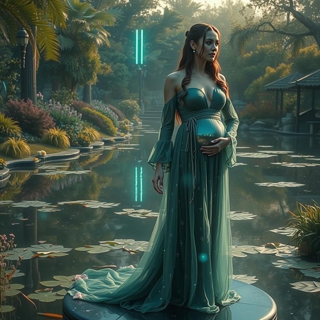Pregnant Woman in Futuristic Garden by Holographic Lake