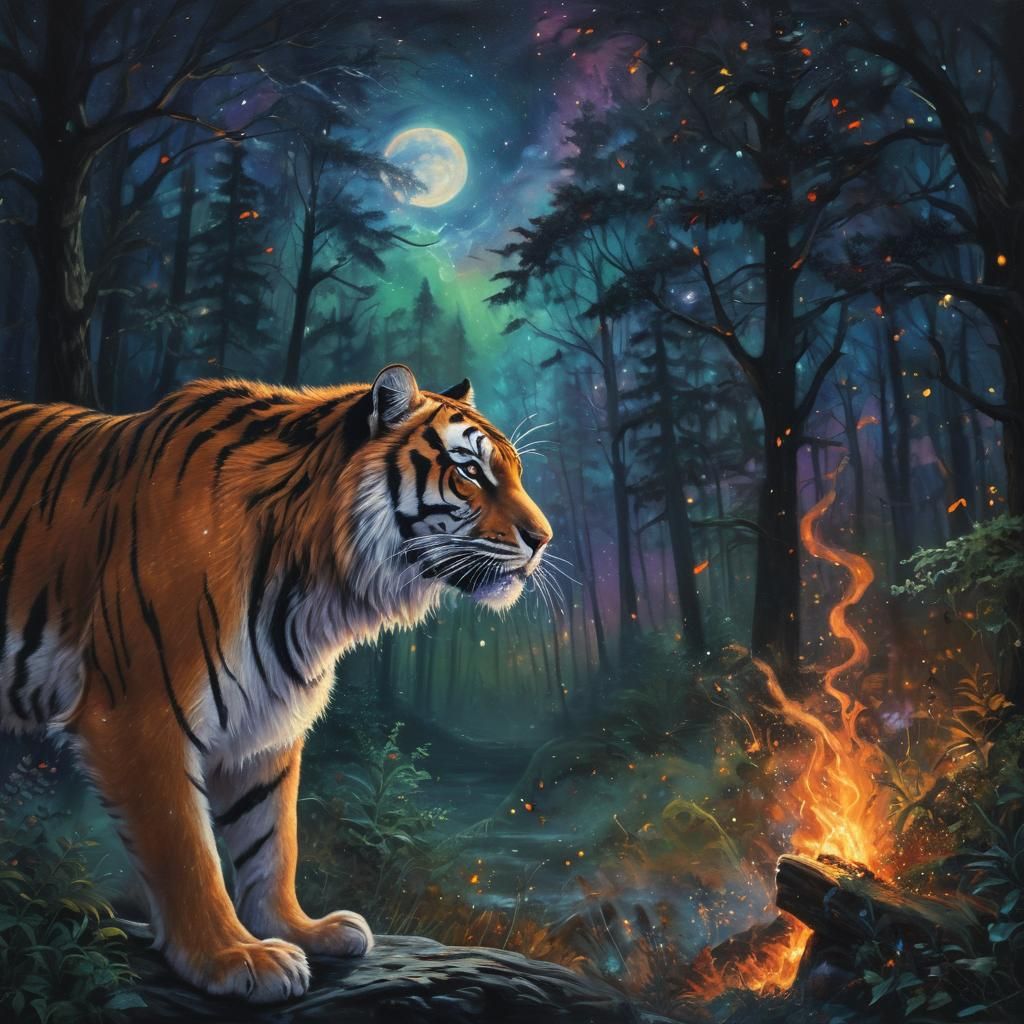 Flaming Starlight Tiger in Mystical Forest