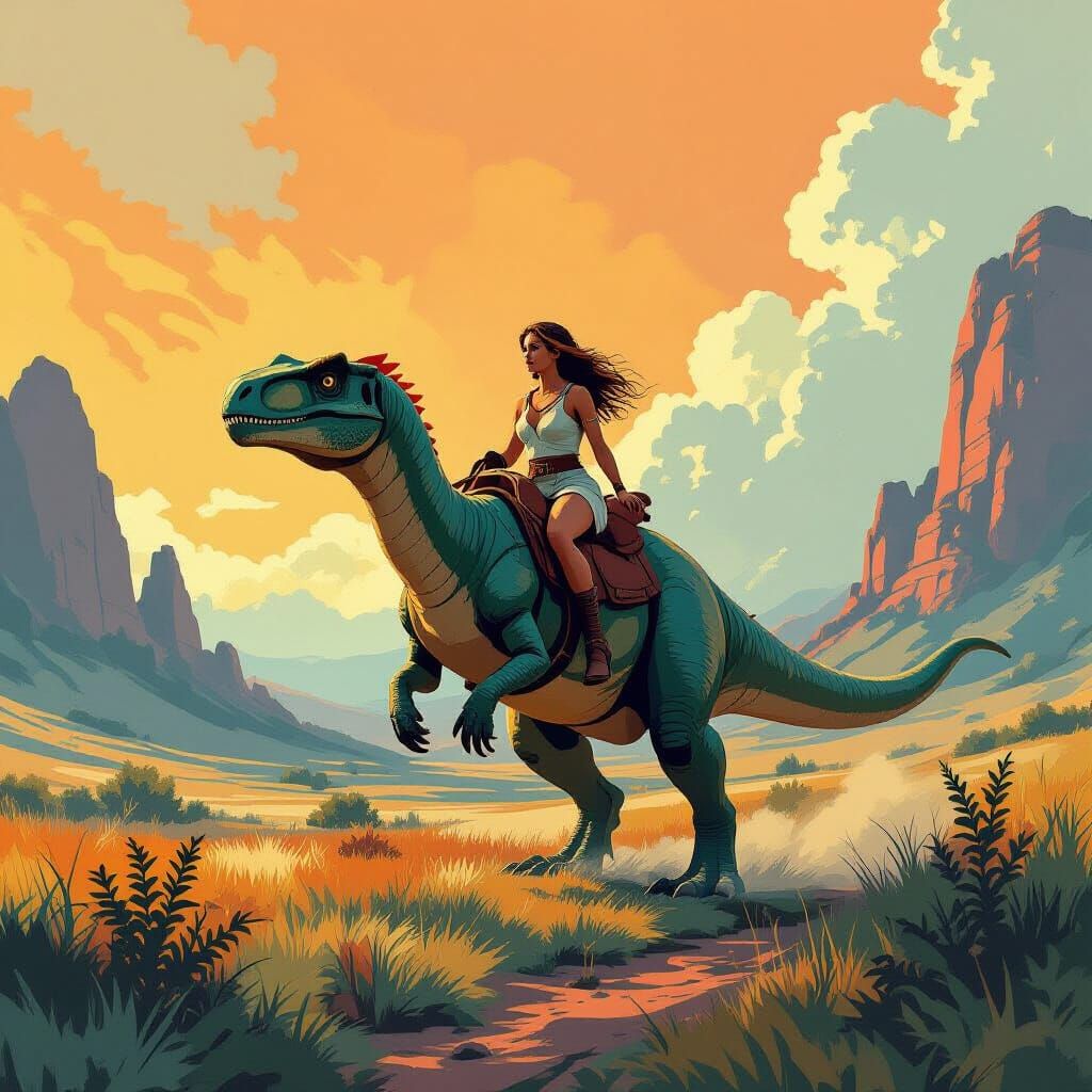 Woman Rides Dinosaur in Prehistoric Landscape