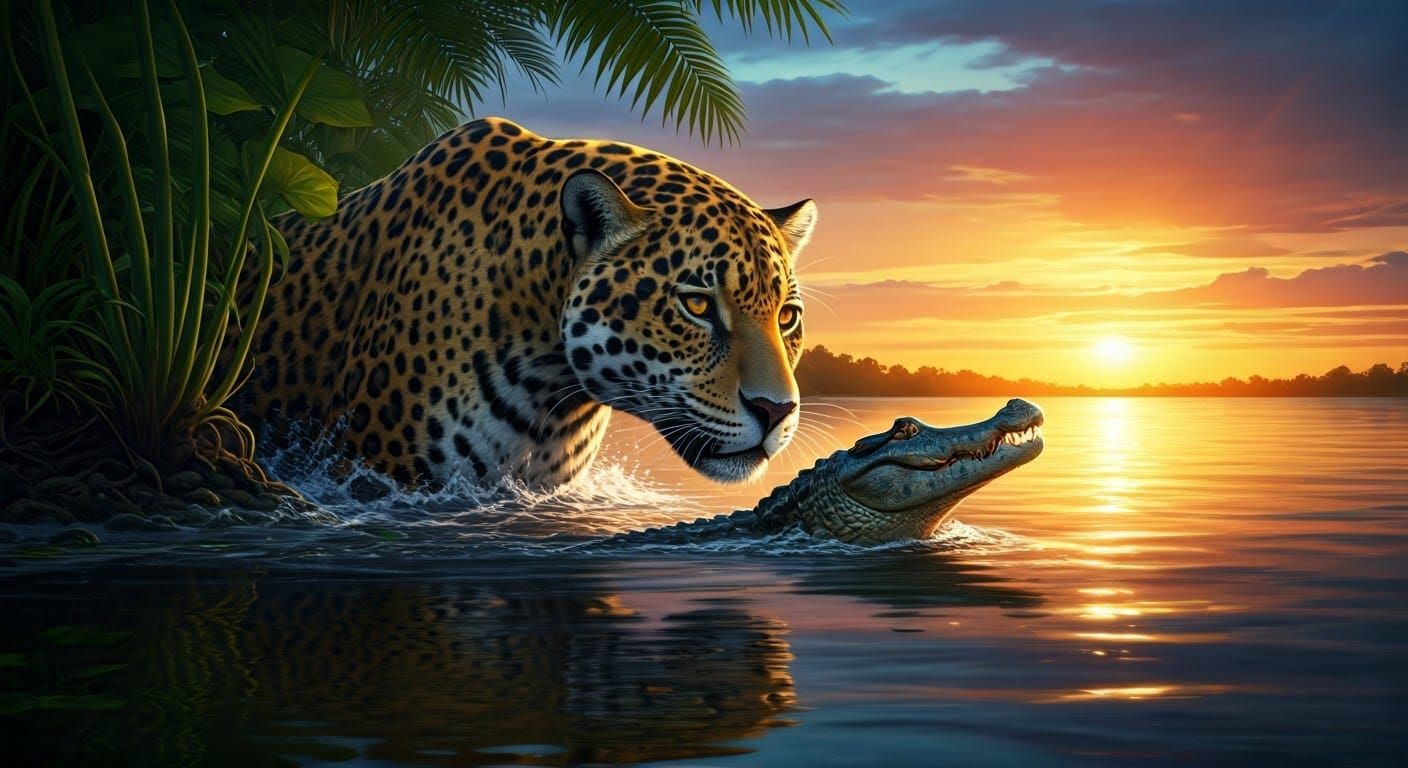Jaguar Stalking Caiman in Murky River, Hyperrealistic Style