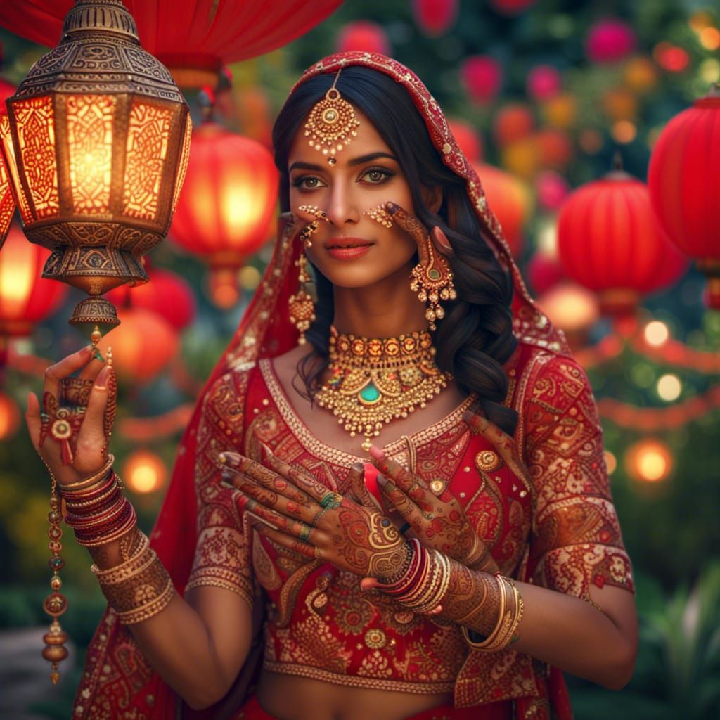 Stunning Indian Bride at Mehndi Party in Garden