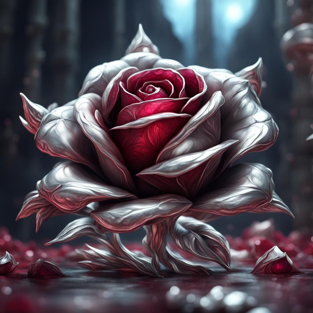 Silver Rosebud with Ruby Center, Digital Art