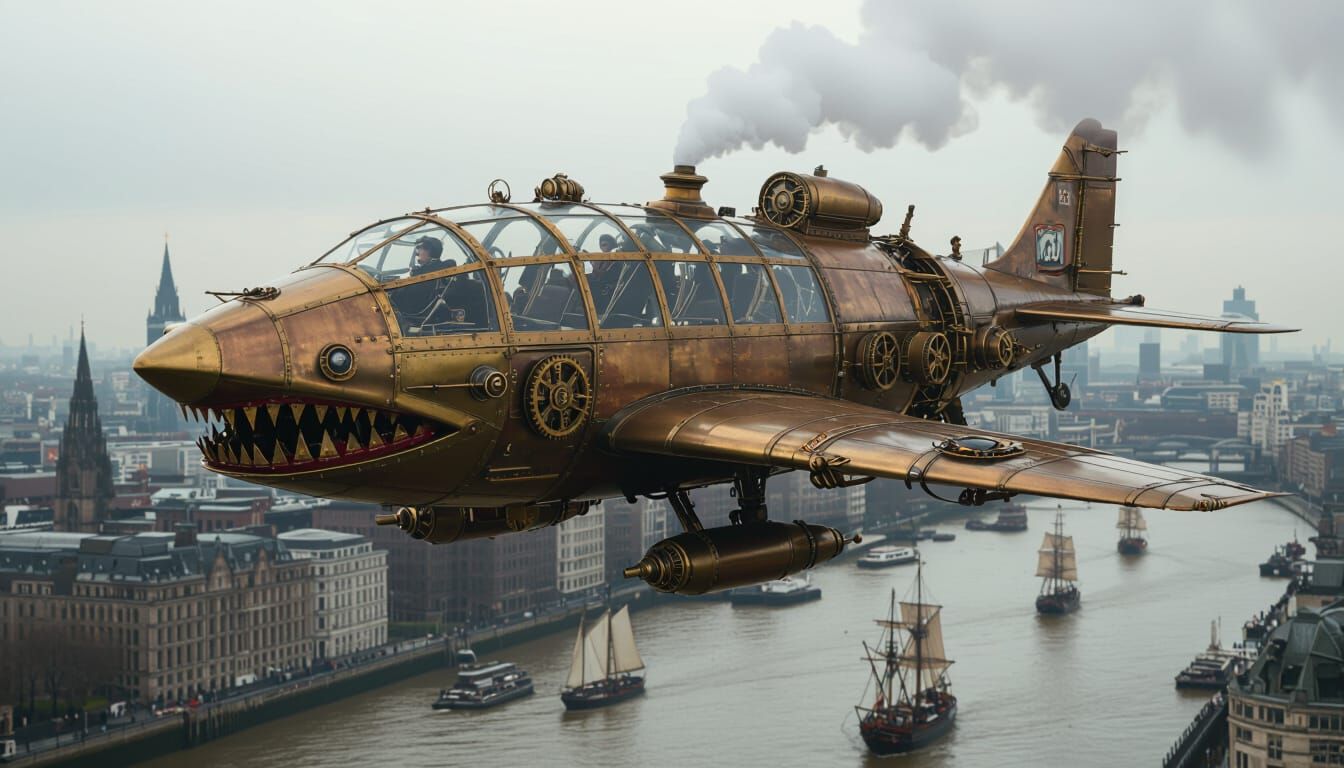 Steampunk Shark Aircraft Soars Over Victorian London
