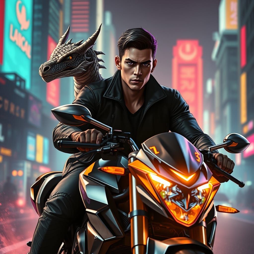 Futuristic Hero Rides Motorcycle with Loyal Dragon