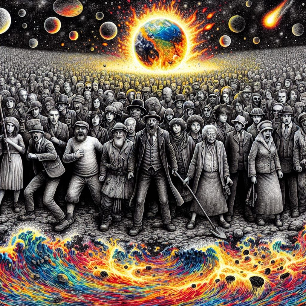 Defiant Group on Surreal Field, Gritty Illustration