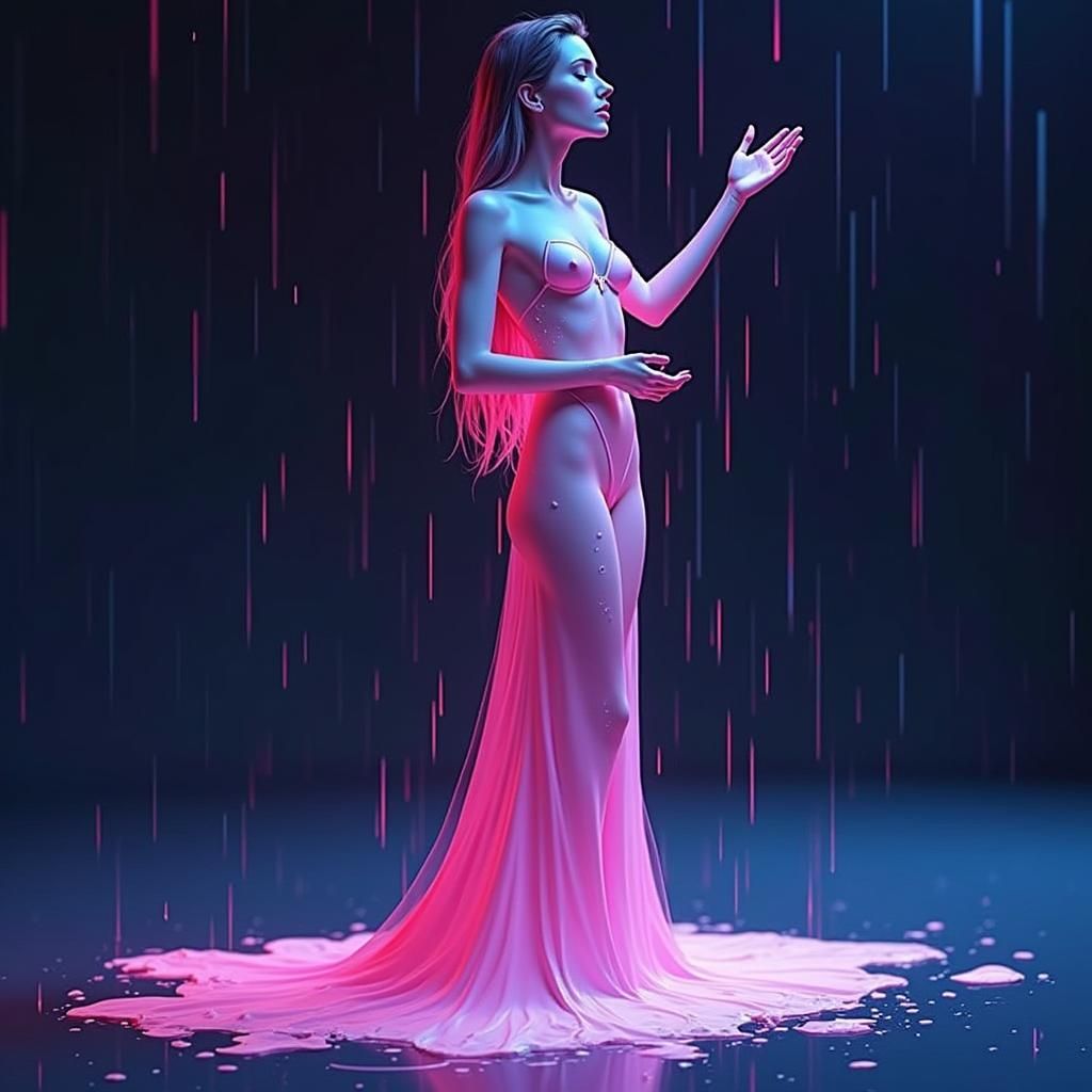 Emotional Woman Crying in Rain: Digital Portrait