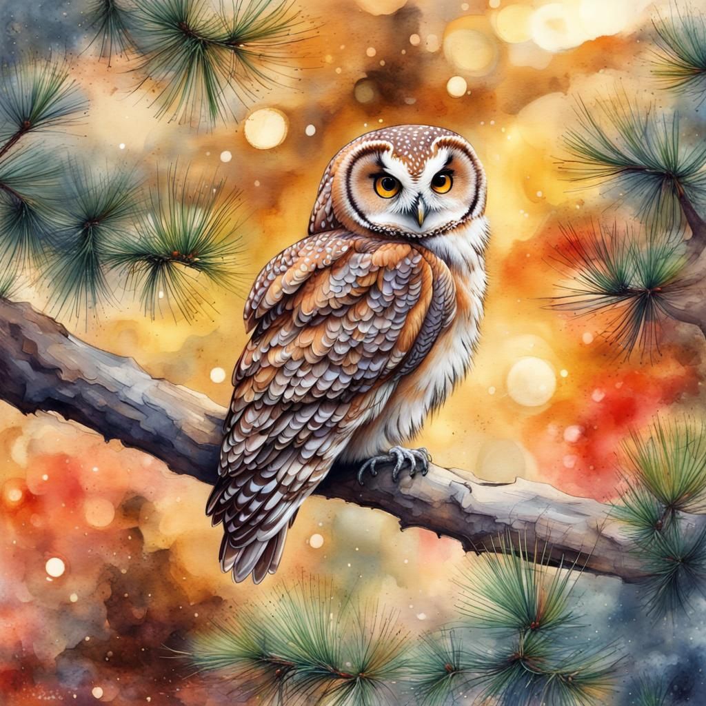 Owl Perched on Pine Branch: A Nature Scene