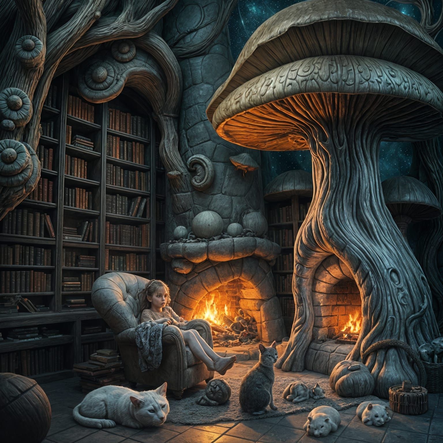 Magical Mushroom Library Corner in Surreal Style