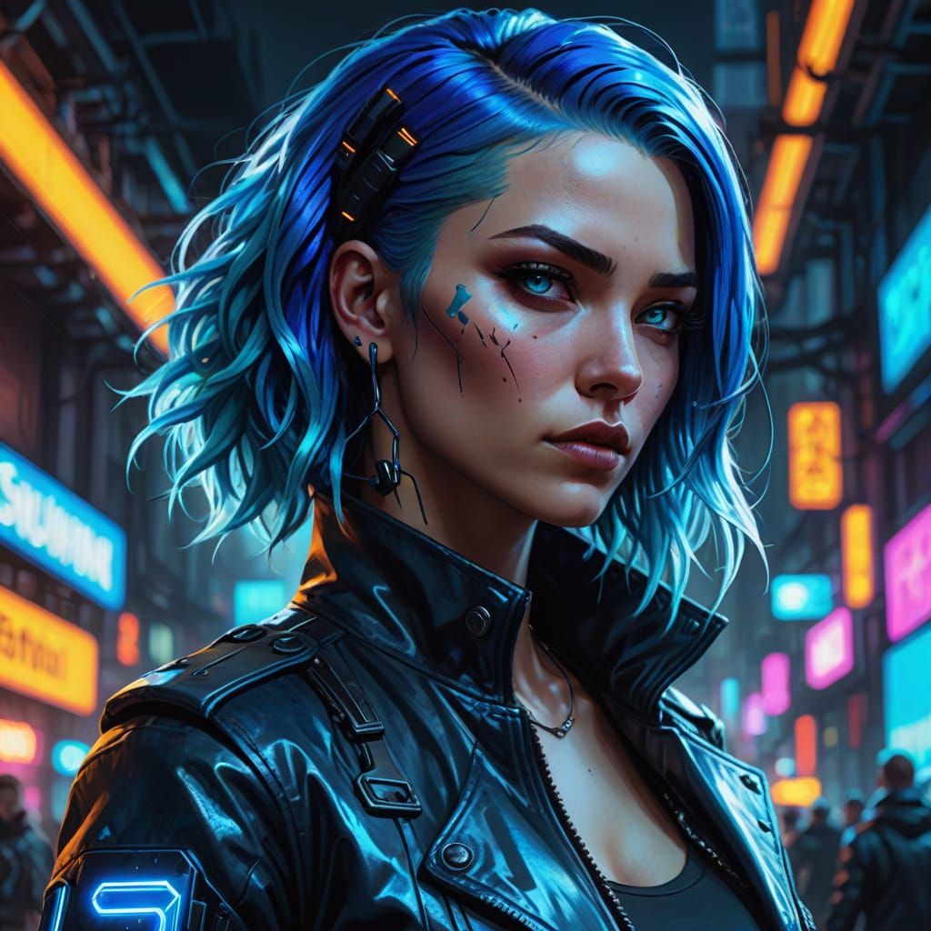 Cyberpunk Female Human in Electric Blue Hair and Leather Jac...