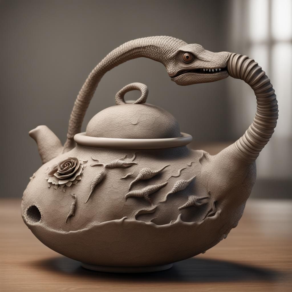 Fossil-Embedded Clay Teapot with Velociraptor Claw Handle