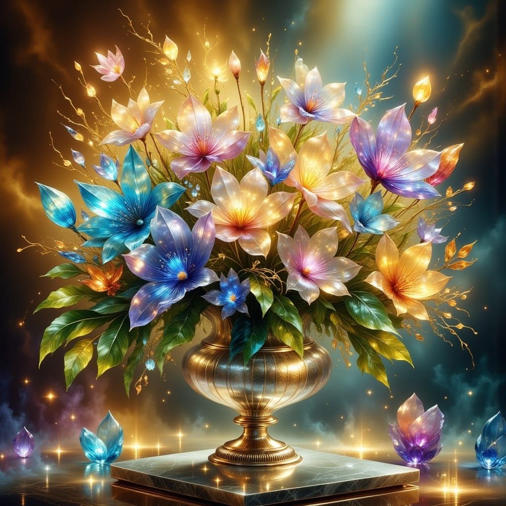 an arrangement of (transparent clear (((crystal prism))) flowers with simple rounded petals of various colors <lora:Fant...