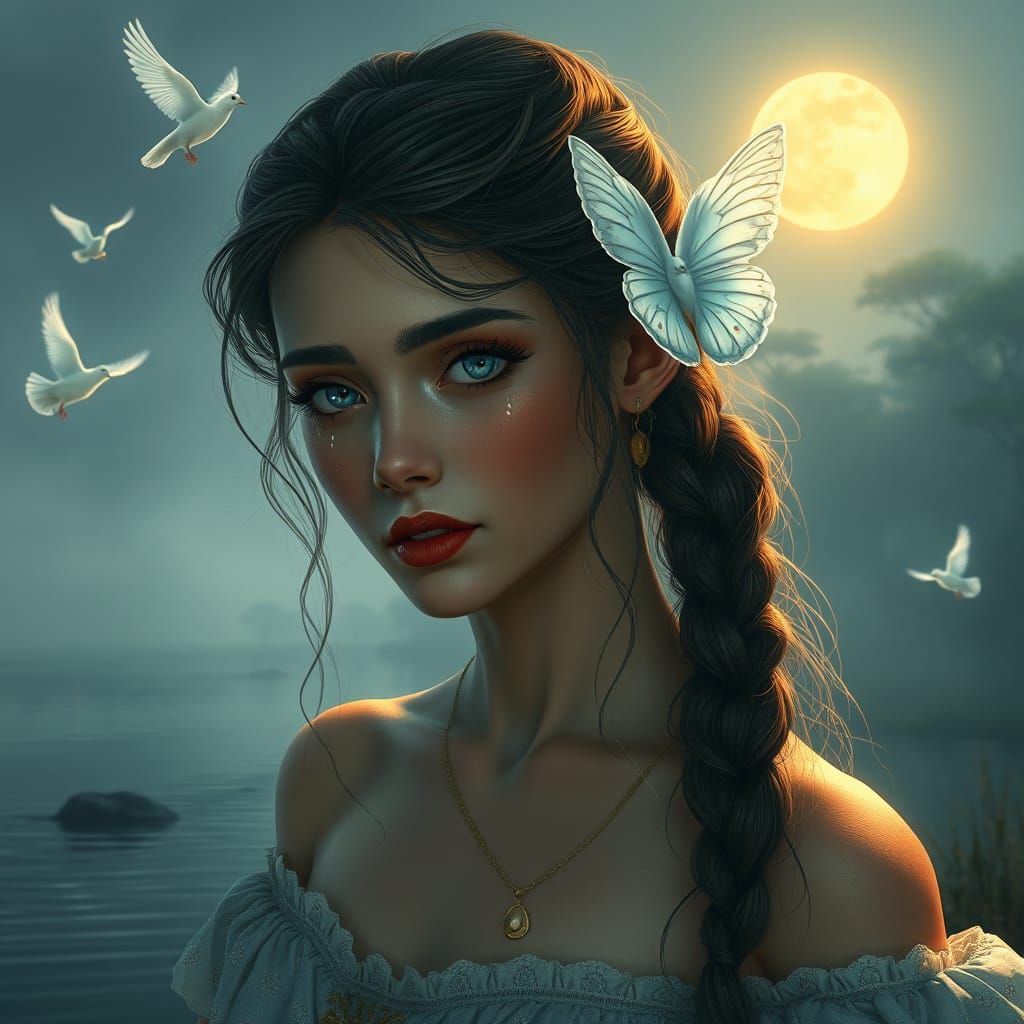 Princess Cries Beside River in Fantasy Realism Style