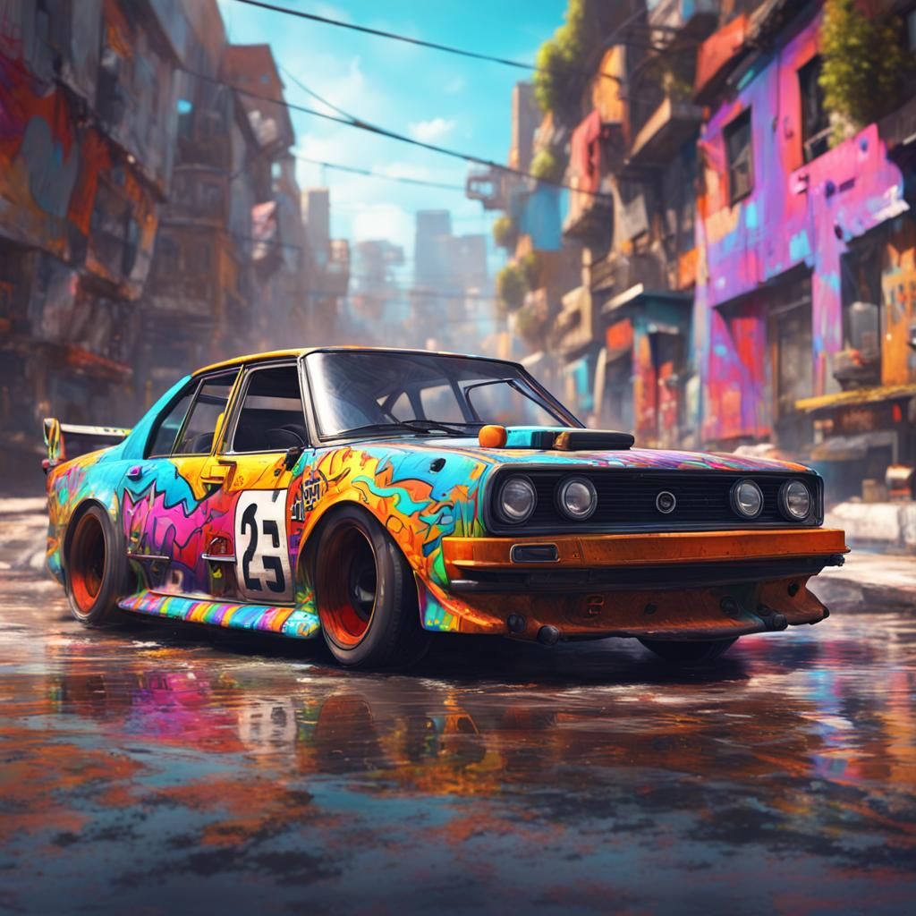 Hybrid Sedans Racing in Graffiti Art Style