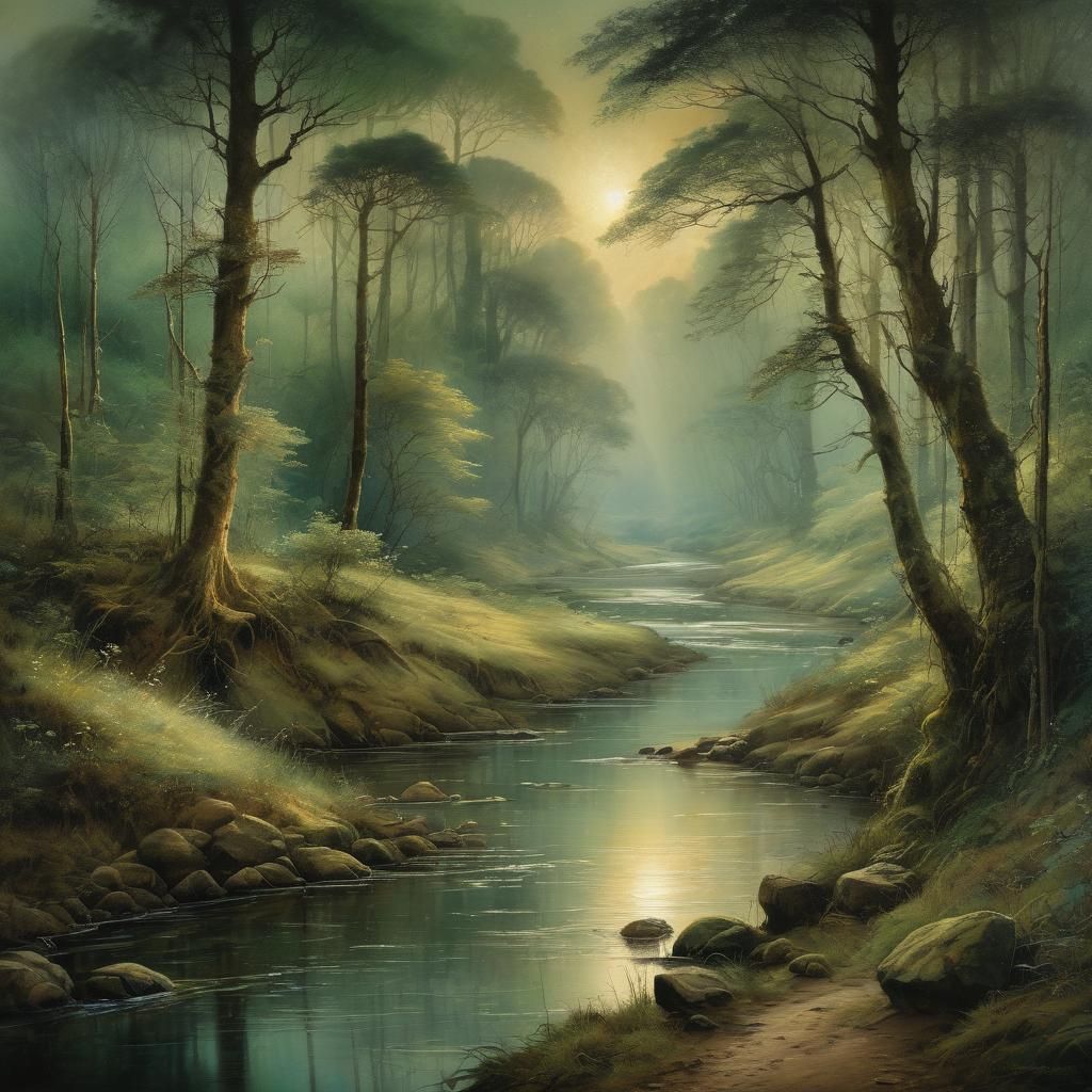 Mystical River Forest Landscape Art