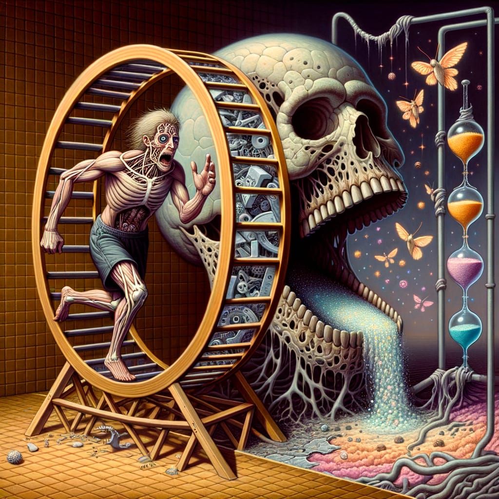 Surreal Hamster Wheel Nightmare Unfolds in Grotesque Beauty
