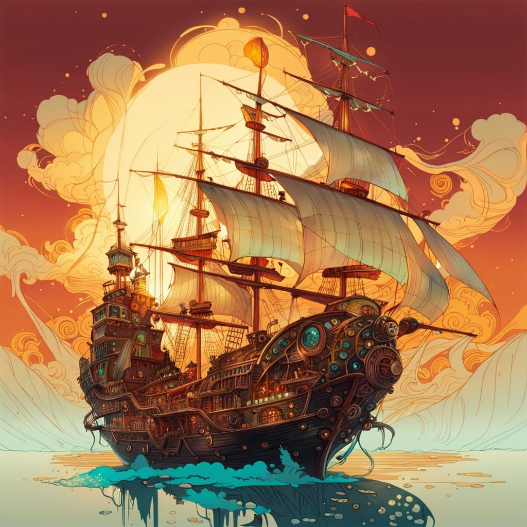 Steampunk Pirate Ship in Luminous Colors