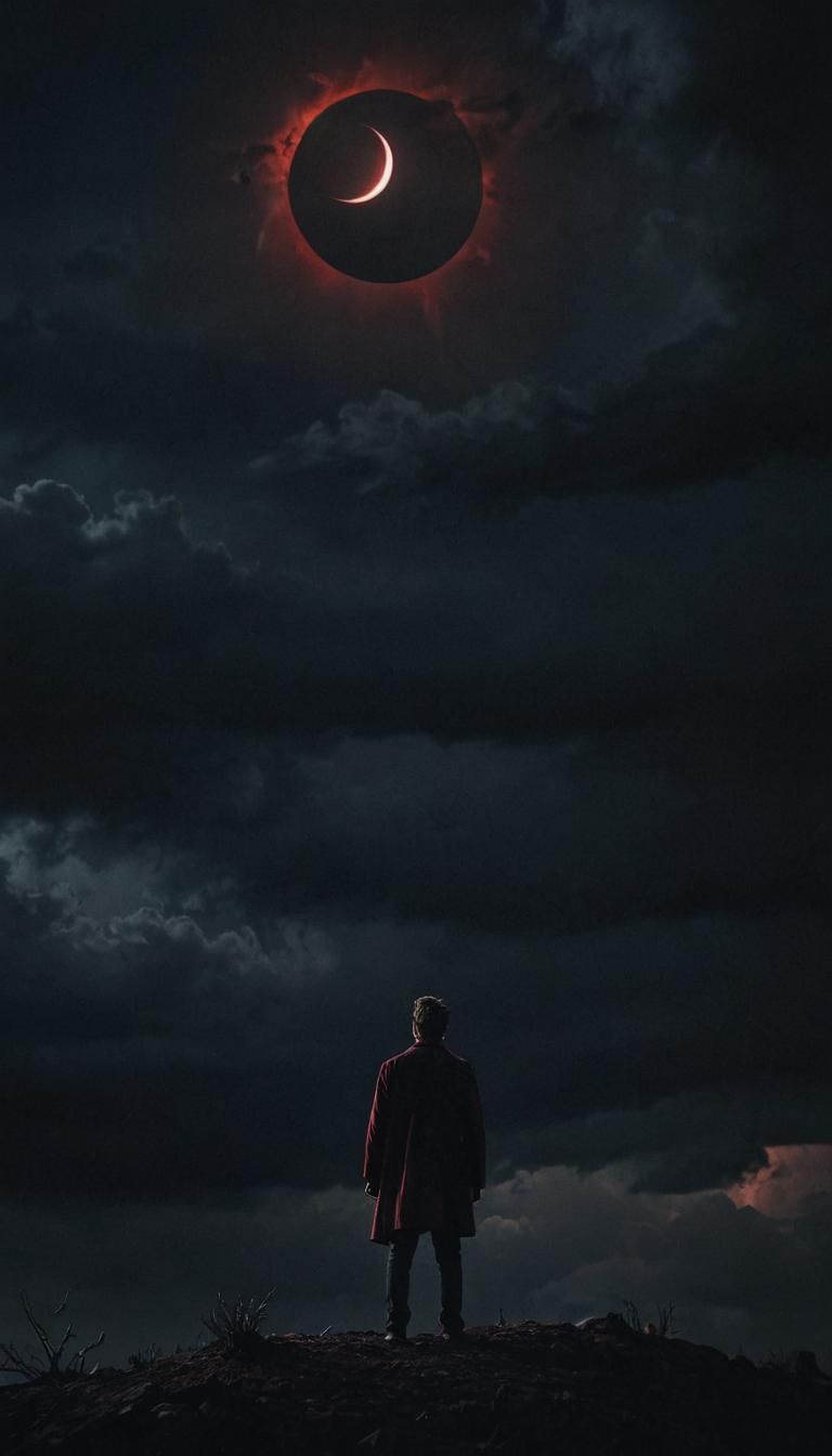 Eerie Surrealism: Figure Gazing at Crimson Eclipse