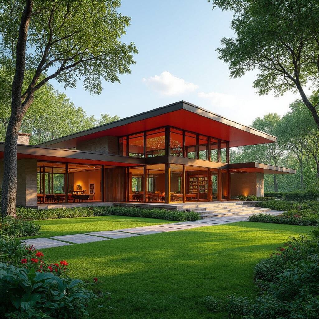 Modern Building with Red Roof and Lush Green Lawn