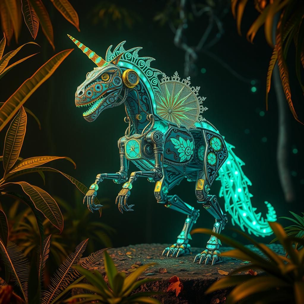 Steampunk Velociraptor Robot in Bioluminescent Jungle