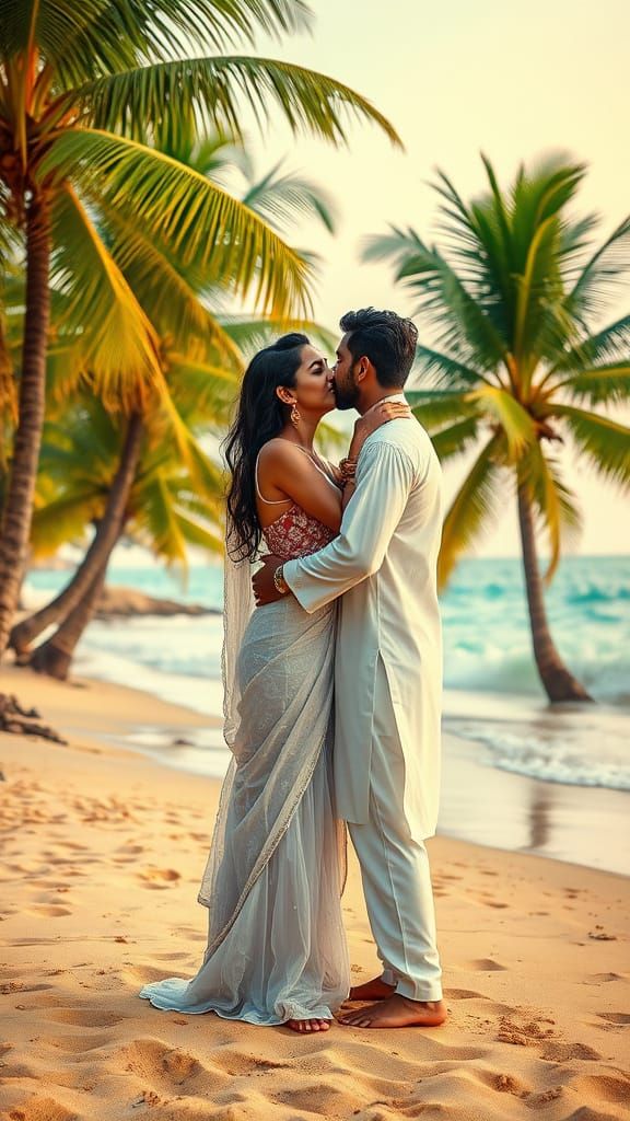 Tender Indian Lovers Embracing on Secluded Beach