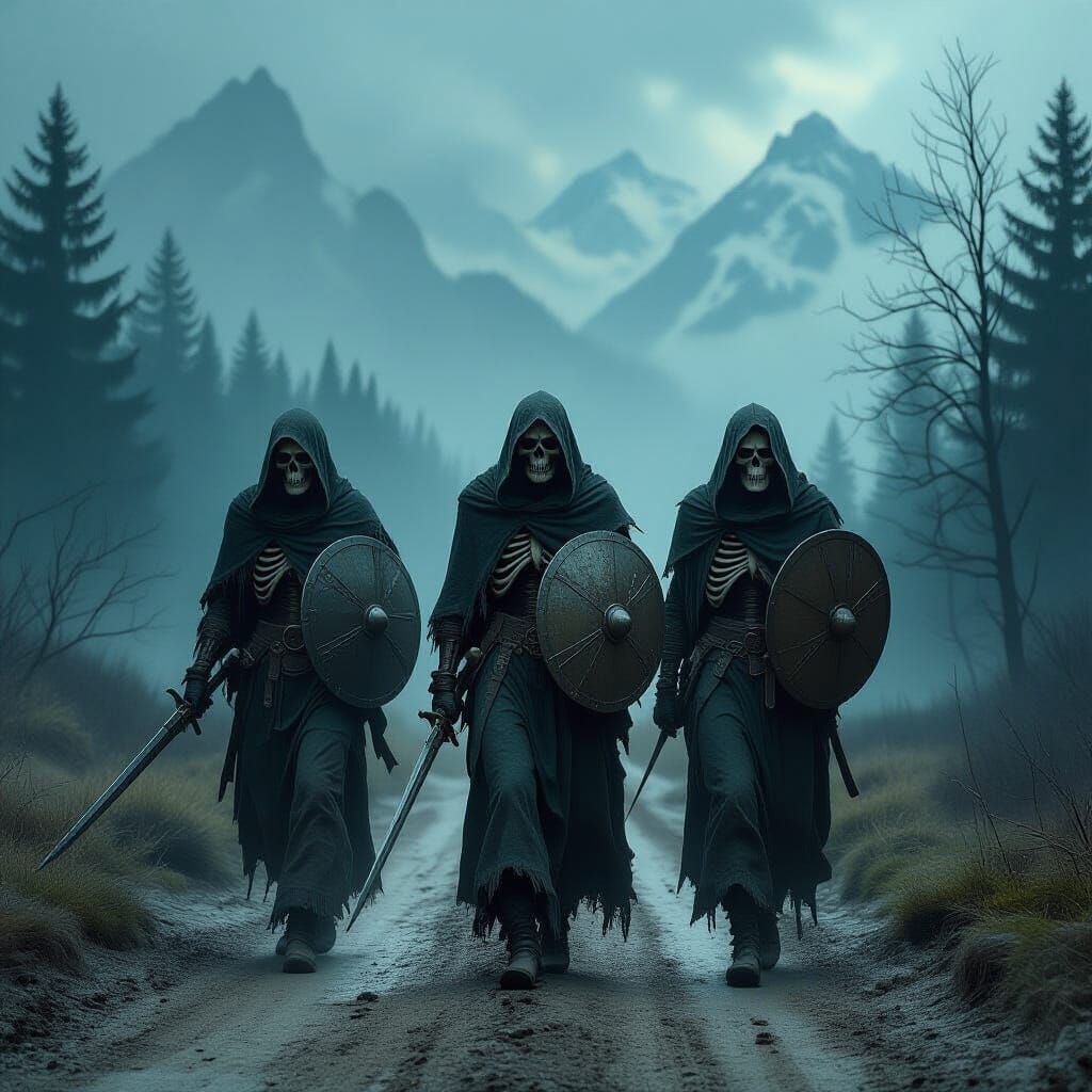 Skeleton Warriors March Through Gothic Horror Landscape