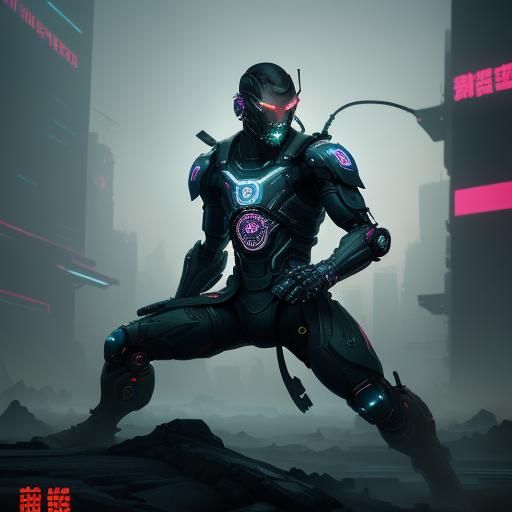 Cybernetic Warrior in Dystopian Neon Cityscape