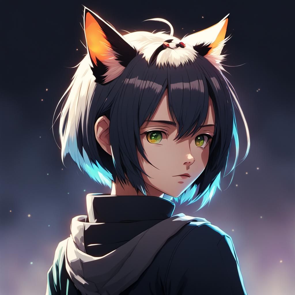 Anime Girl with Cat Features in Cel-Shaded Style
