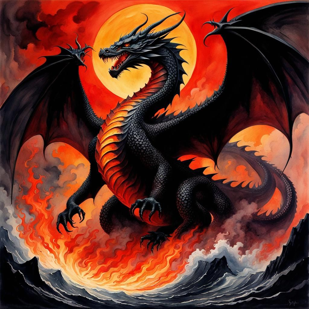 Watercolor Dragon Rising in Fiery Phoenician Style