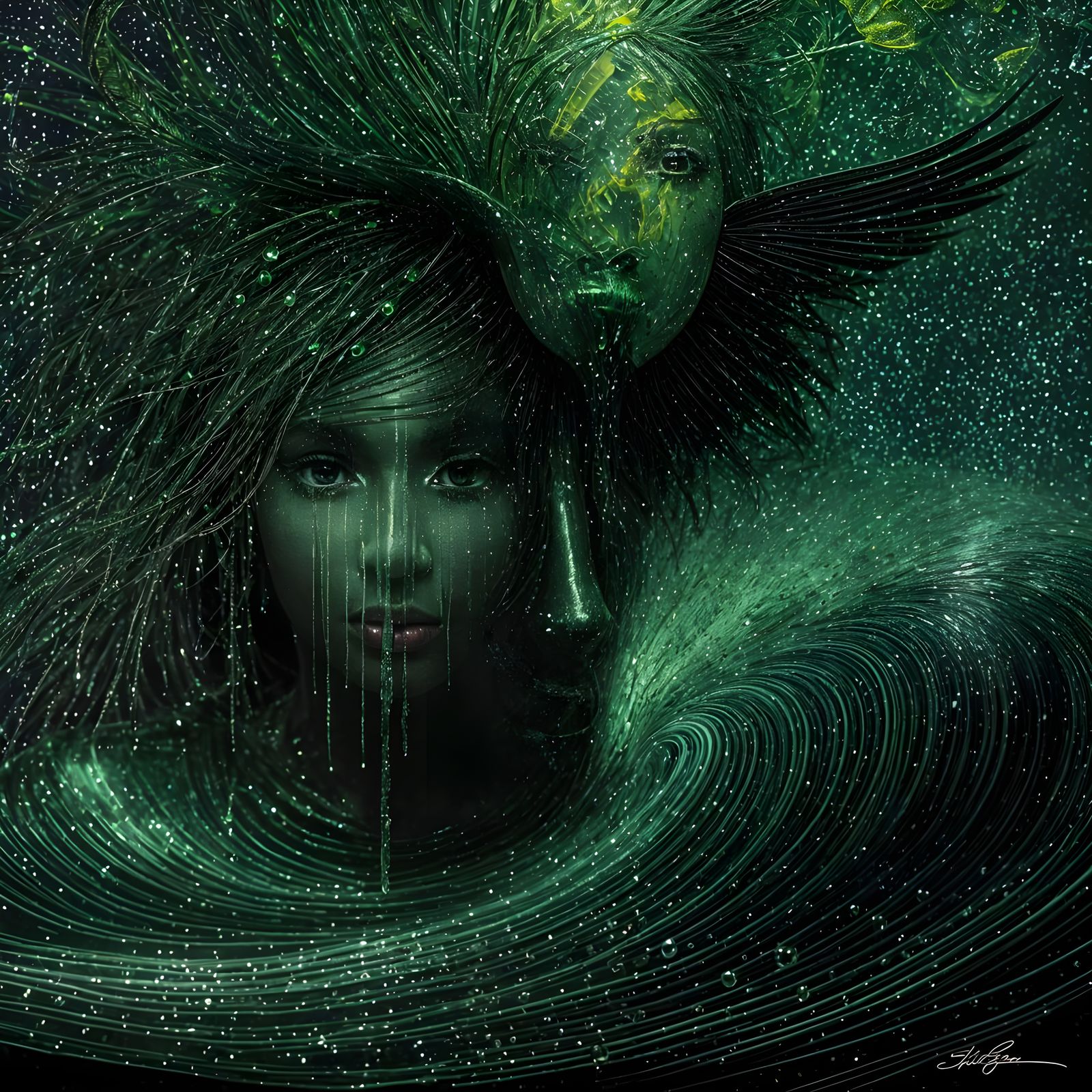 African American hard green, textured liquid tears, eye cove...