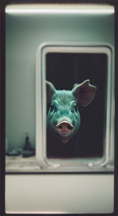 Polaroid mirror selfie of pig head in Psychiatric ward, black paint on mirror, Hasselblad 500 , ultra Sharp, Medium Form...