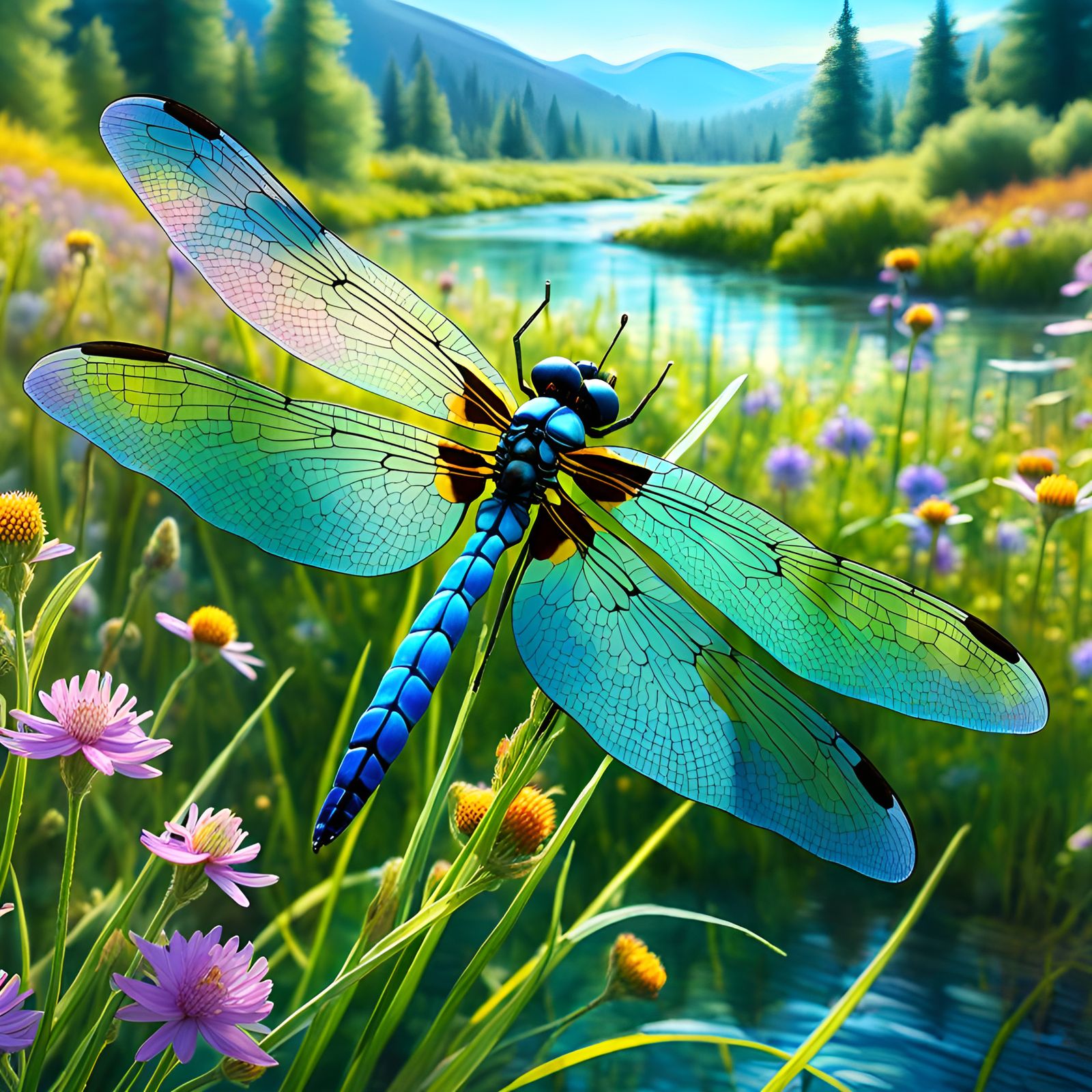 Dragonfly in Wildflower Meadow: Digital Watercolor Illustrat...
