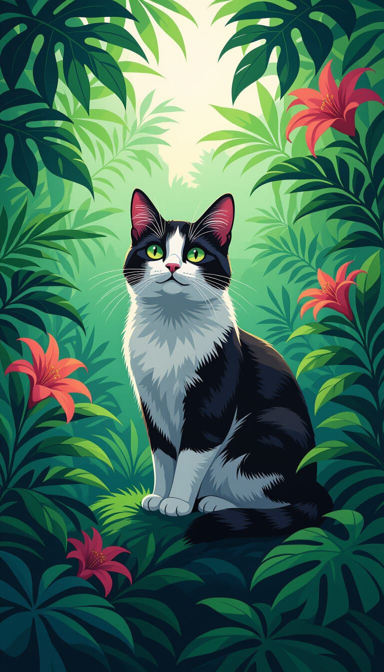 Cat in Lush Garden, Digital Illustration with Bold Lines