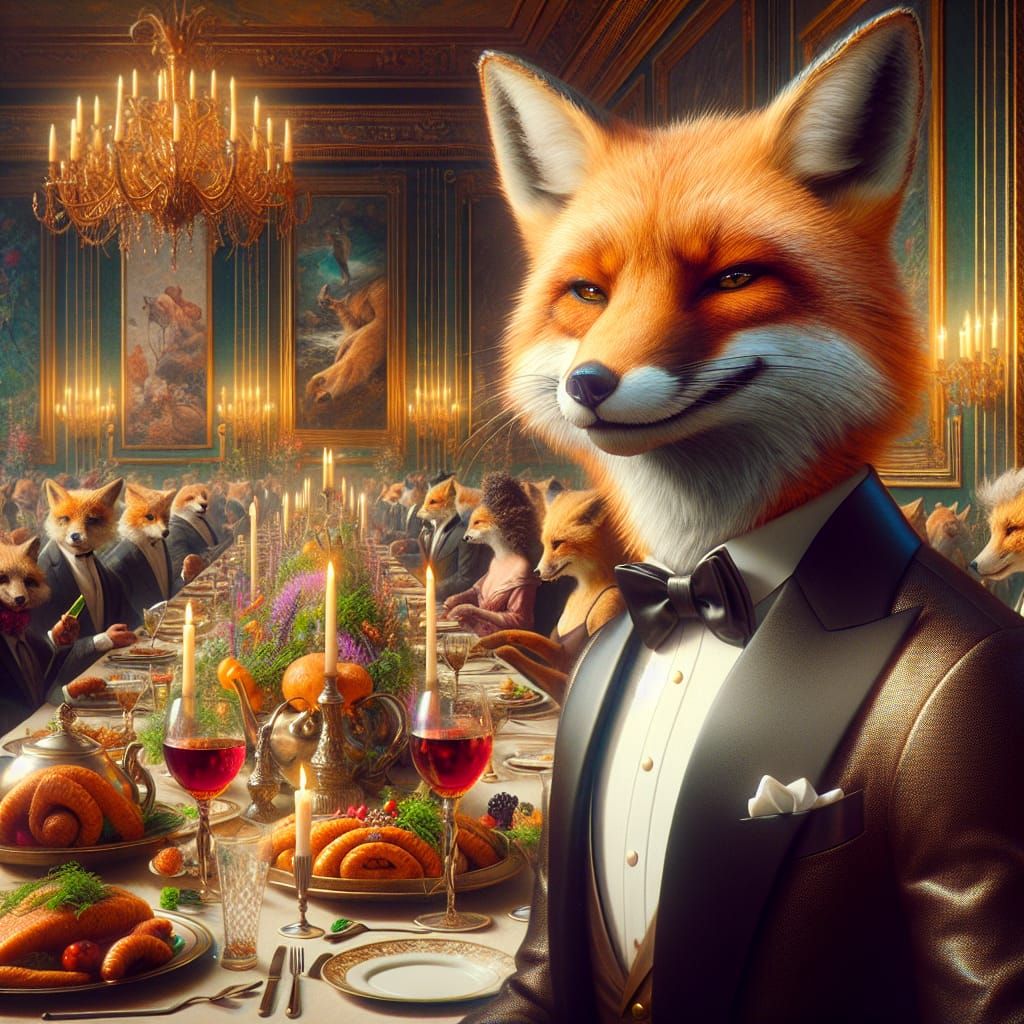 Anthropomorphic Fox at Dinner Party, Detailed Matte Painting