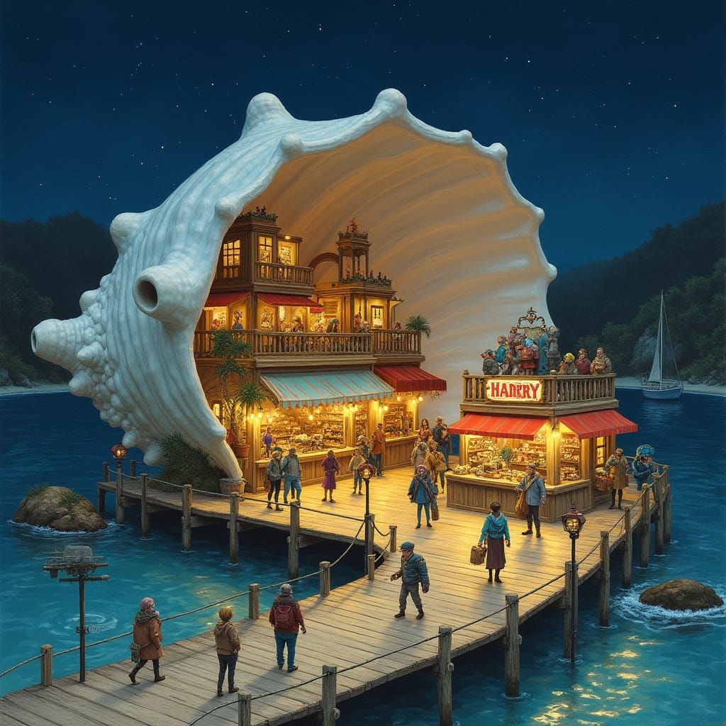 Mini boardwalk scene at night, built inside a giant seashell...