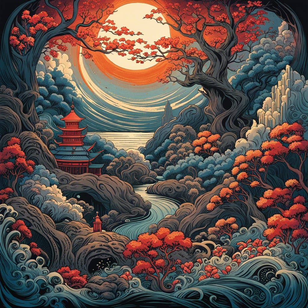 Magic Sea Cherry Blossoms in Gothic Fantasy Style