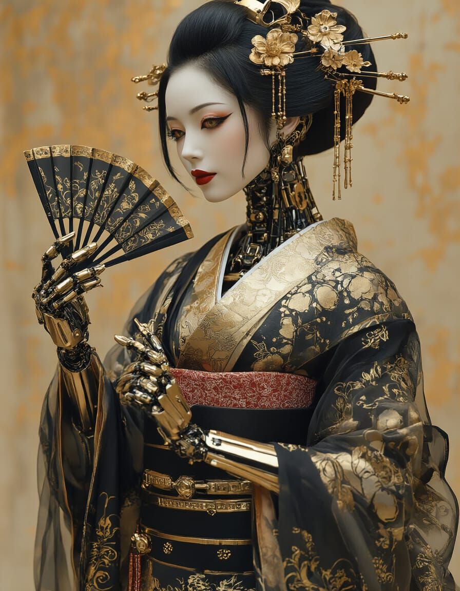 Elegant Steampunk Cyborg Geisha Performing Fan Dance