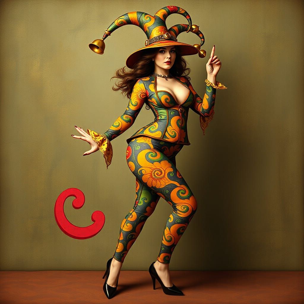 Whimsical Jestress in Multicolored Suit with Floppy Hat