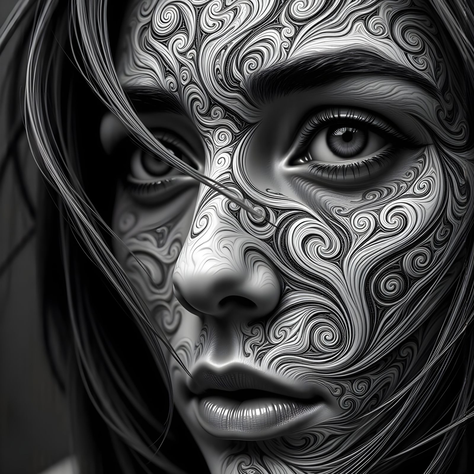 Monochromatic Woman Portrait with Swirling Abstract Patterns