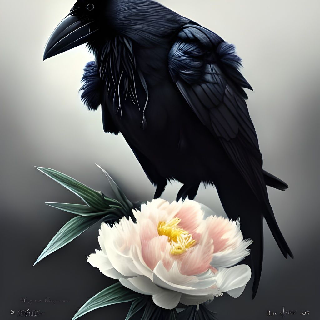 Crow and Peonies Digital Painting