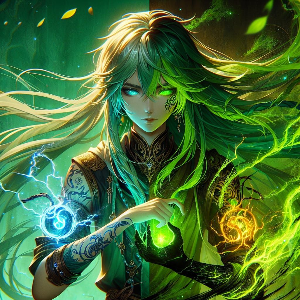 Anime Elementalist with Glowing Elemental Tattoos