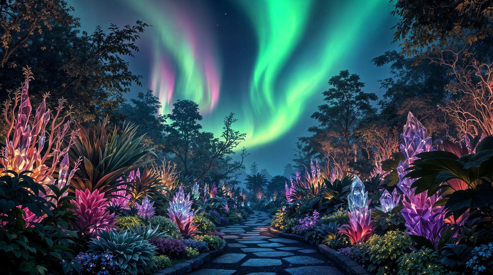 Surreal Garden Radiant with Aurora Borealis Colors