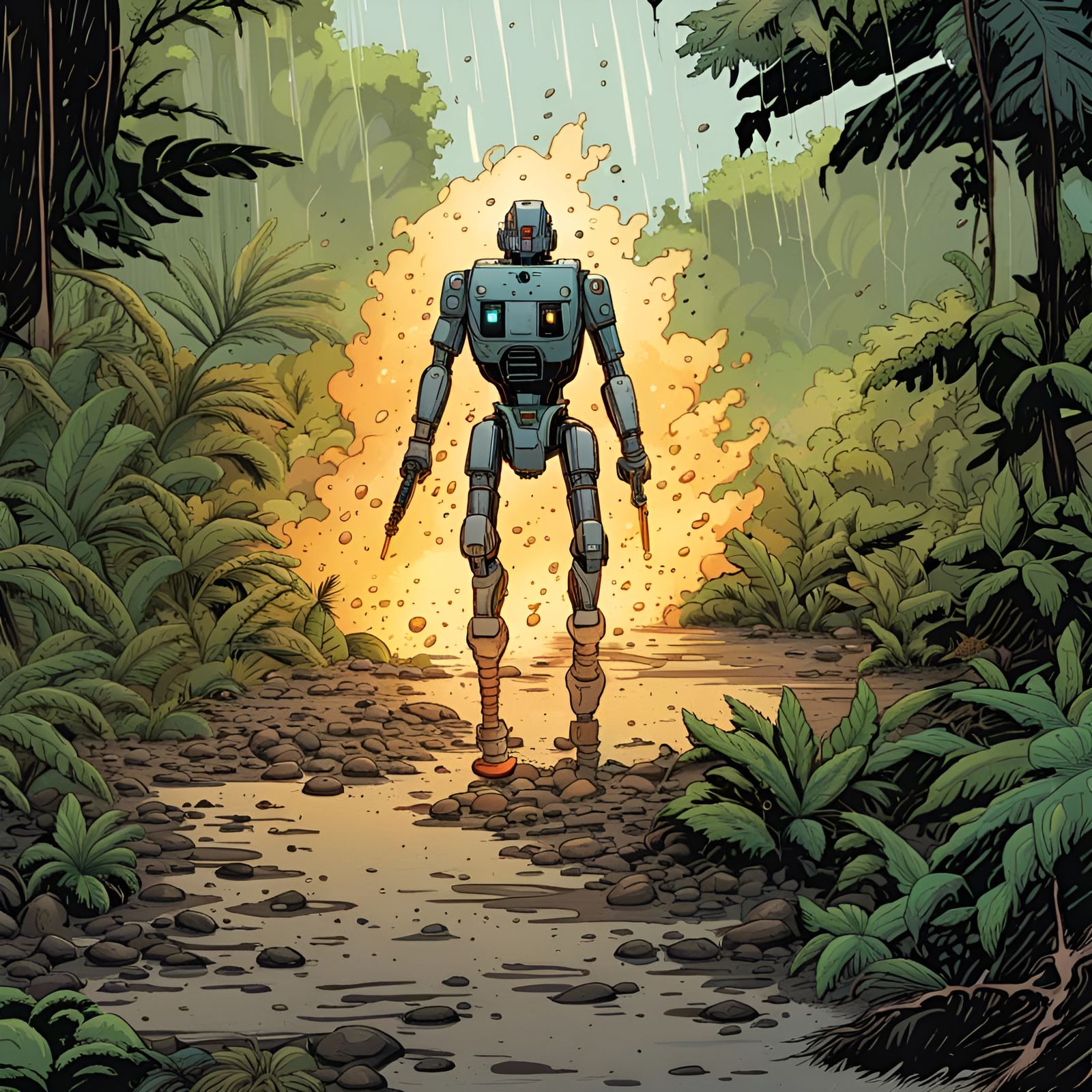 Comic Book Style Jungle Robot Unleashes Flamethrower