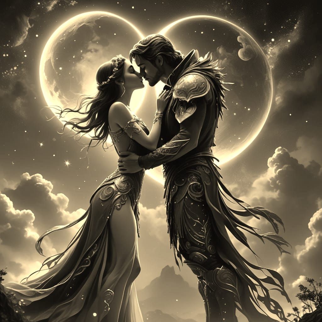 Romantic Kiss Under Moonlight: Fantasy Concept Art