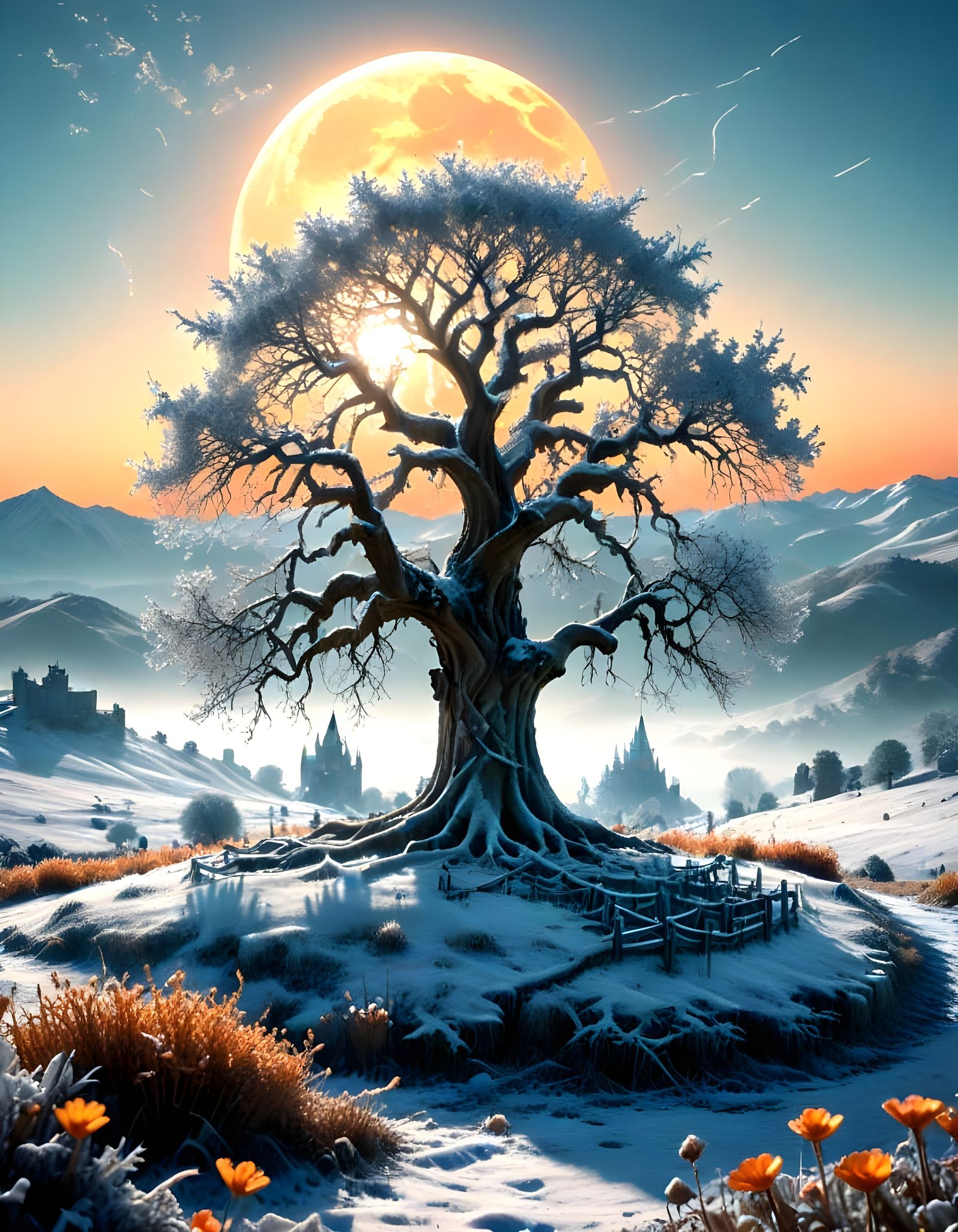 Ethereal Fantasy World with Ancient Tree and Floating Castle