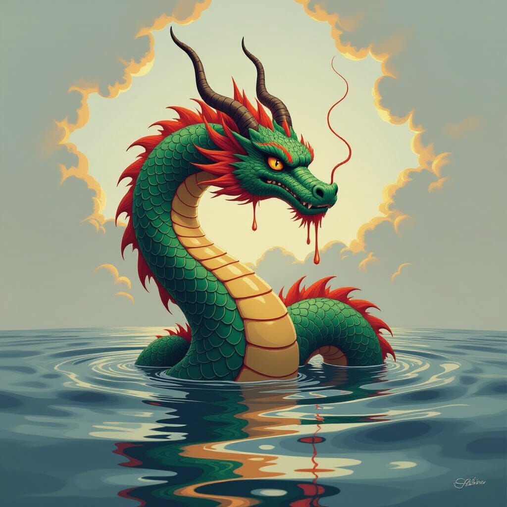 Surreal Dragon Emerging from Dreamscape in Dali & Kahlo Styl...