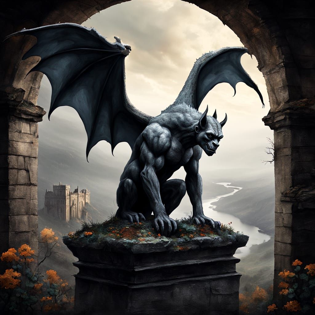 Gargoyle on Ancient Archway in Misty Landscape - Oil Paintin...