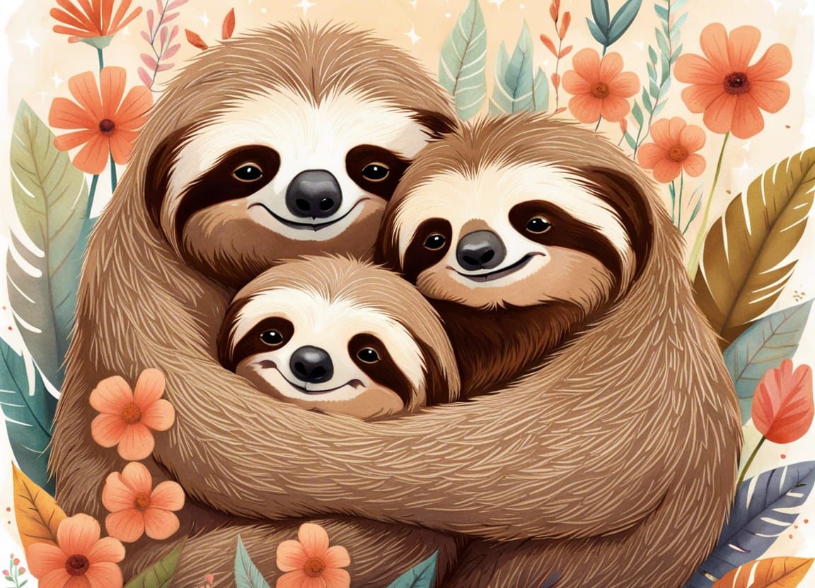 Two Fluffy Sloths Hugging in a Forest Illustration