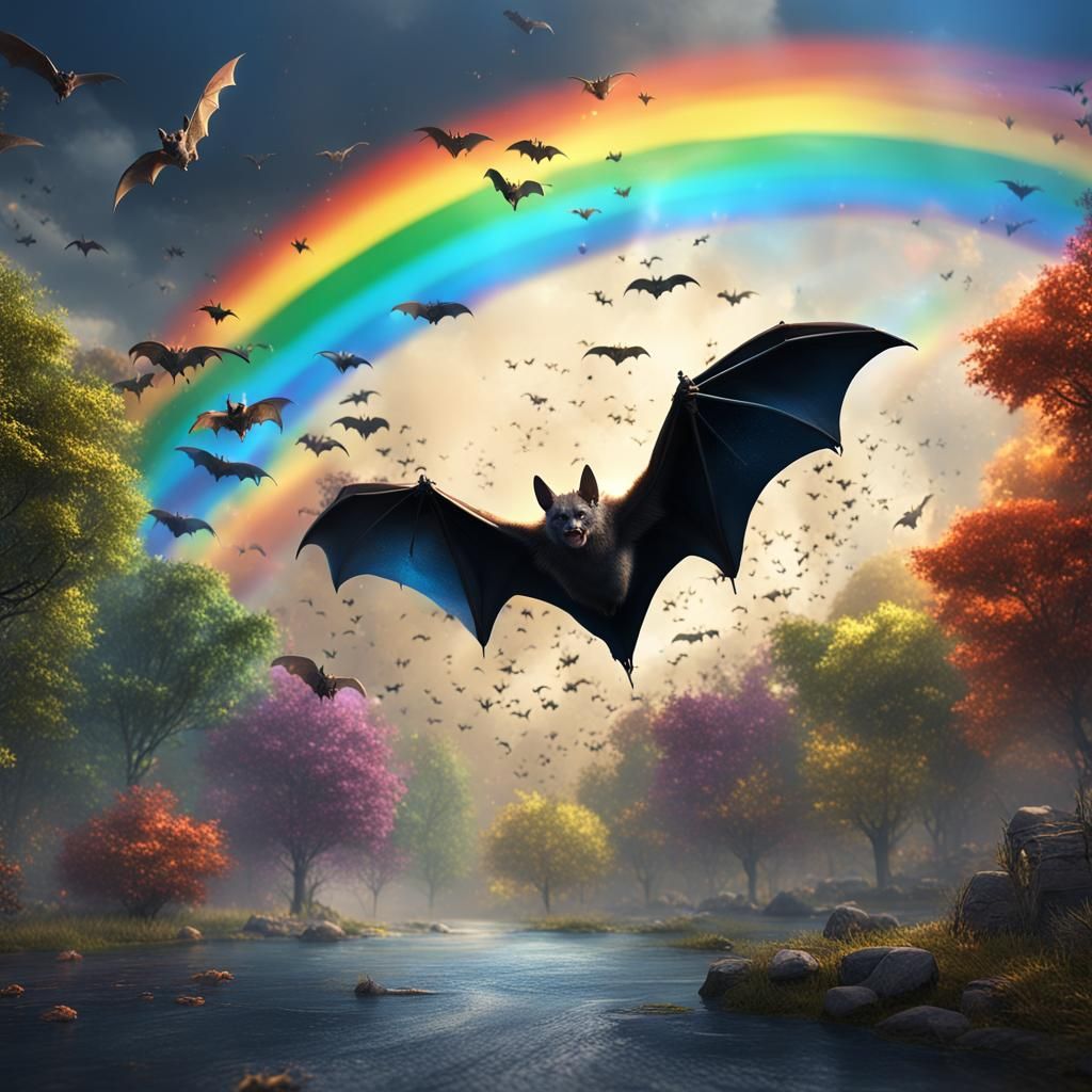 Bats Flying Before Rainbow: Detailed Matte Painting