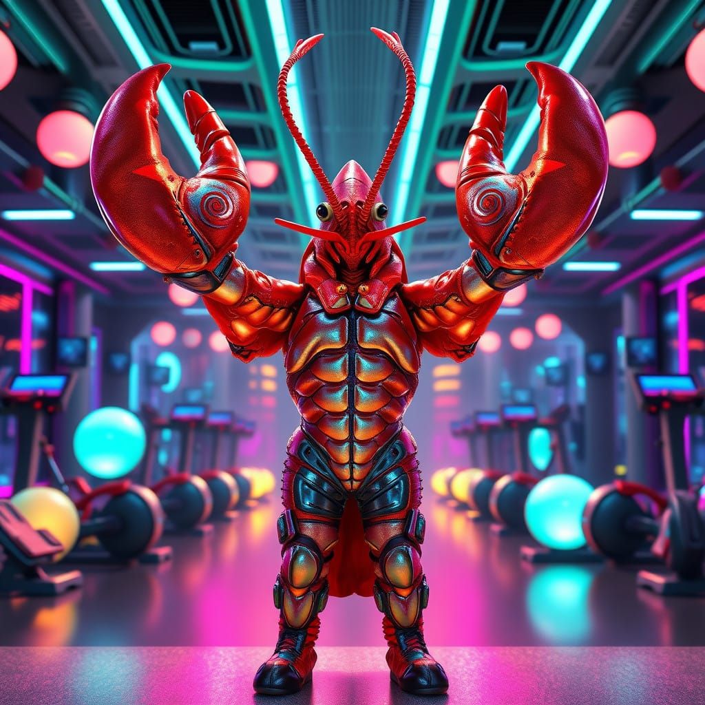 Majestic Lobster Gym Enthusiast in Futuristic Fitness Lair